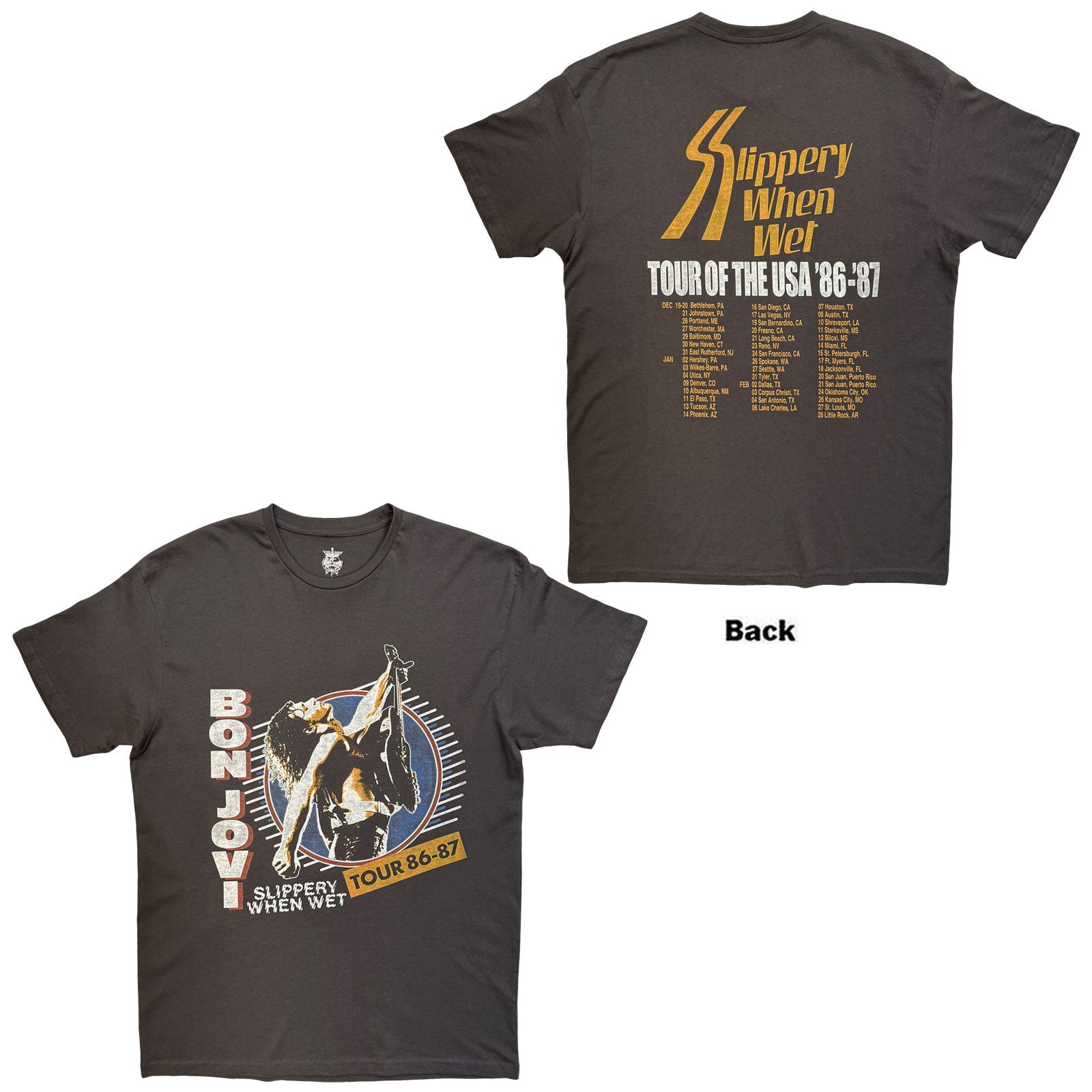Bon Jovi: Slippery When Wet Tour '86 - '87 (Charcoal Grey) T-shirt – officielt merchandise