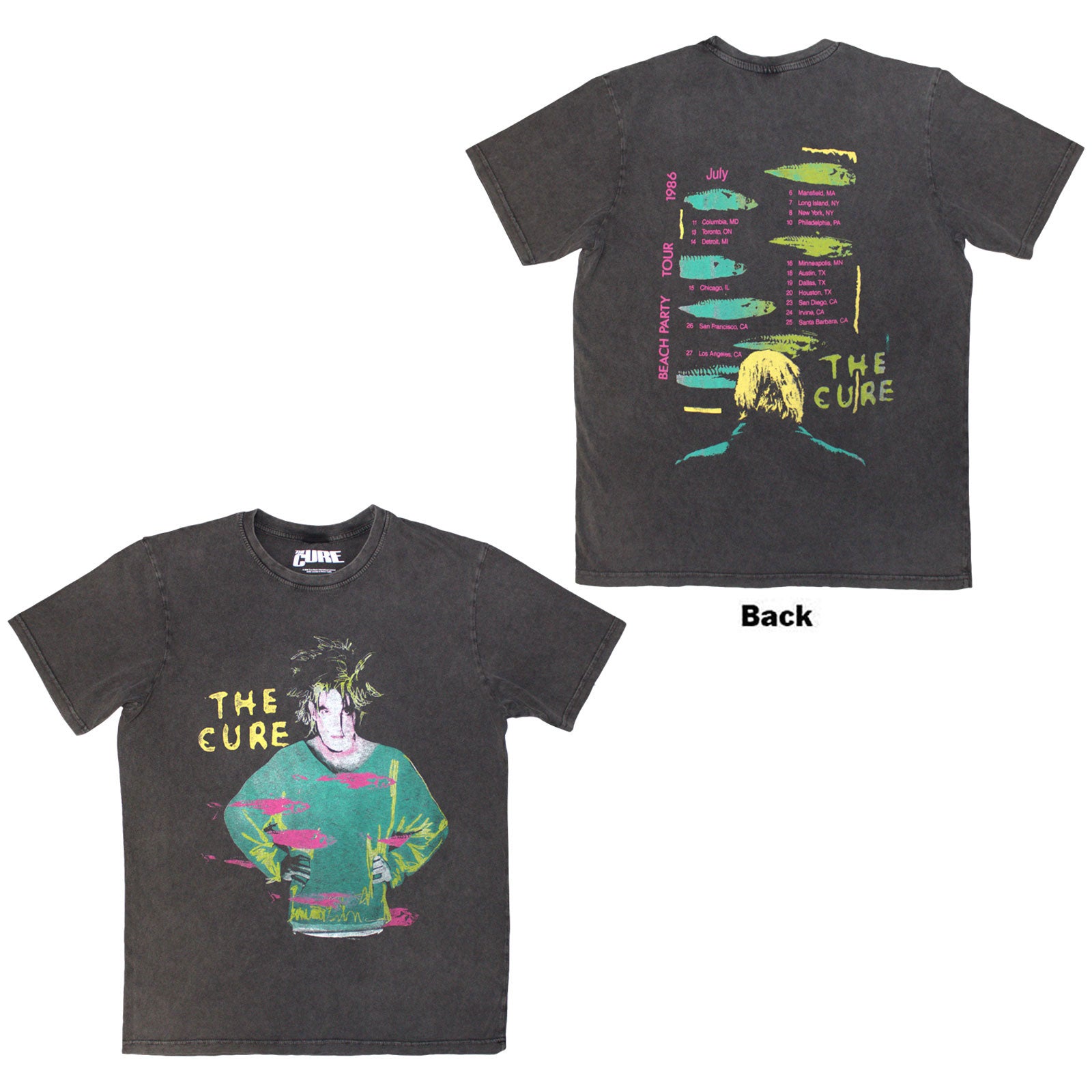 The Cure: Beach Party Tour '86 Stone Wash T-Shirt (Back Print)