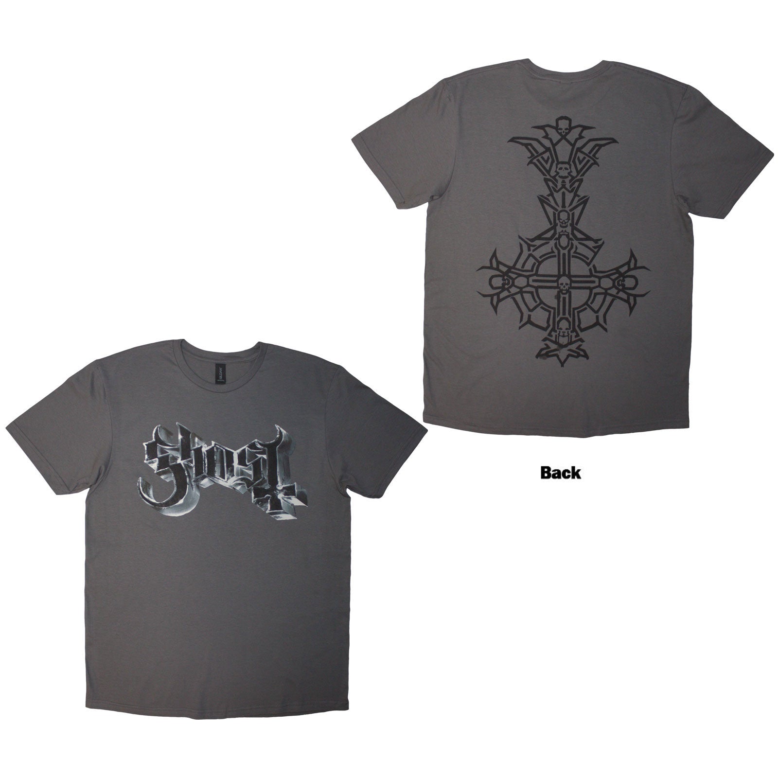 Ghost: Chrome Logo & Grucifix Outline (Charcoal Grey) T-shirt – officielt merchandise