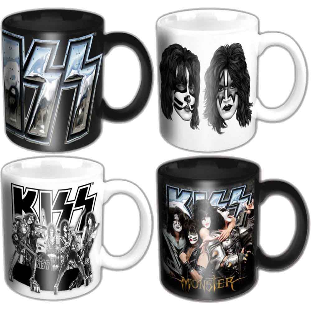 KISS: 4 Piece Set (Black & White) (Chrome Logo - Graphite Faces - Monster and Graphite Band) Krus – officielt merchandise