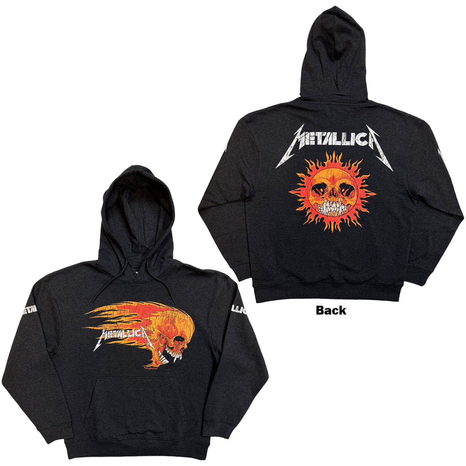 Metallica: Worn Pushead Flaming Skull (Charcoal Grey) Hoodie – officielt merchandise