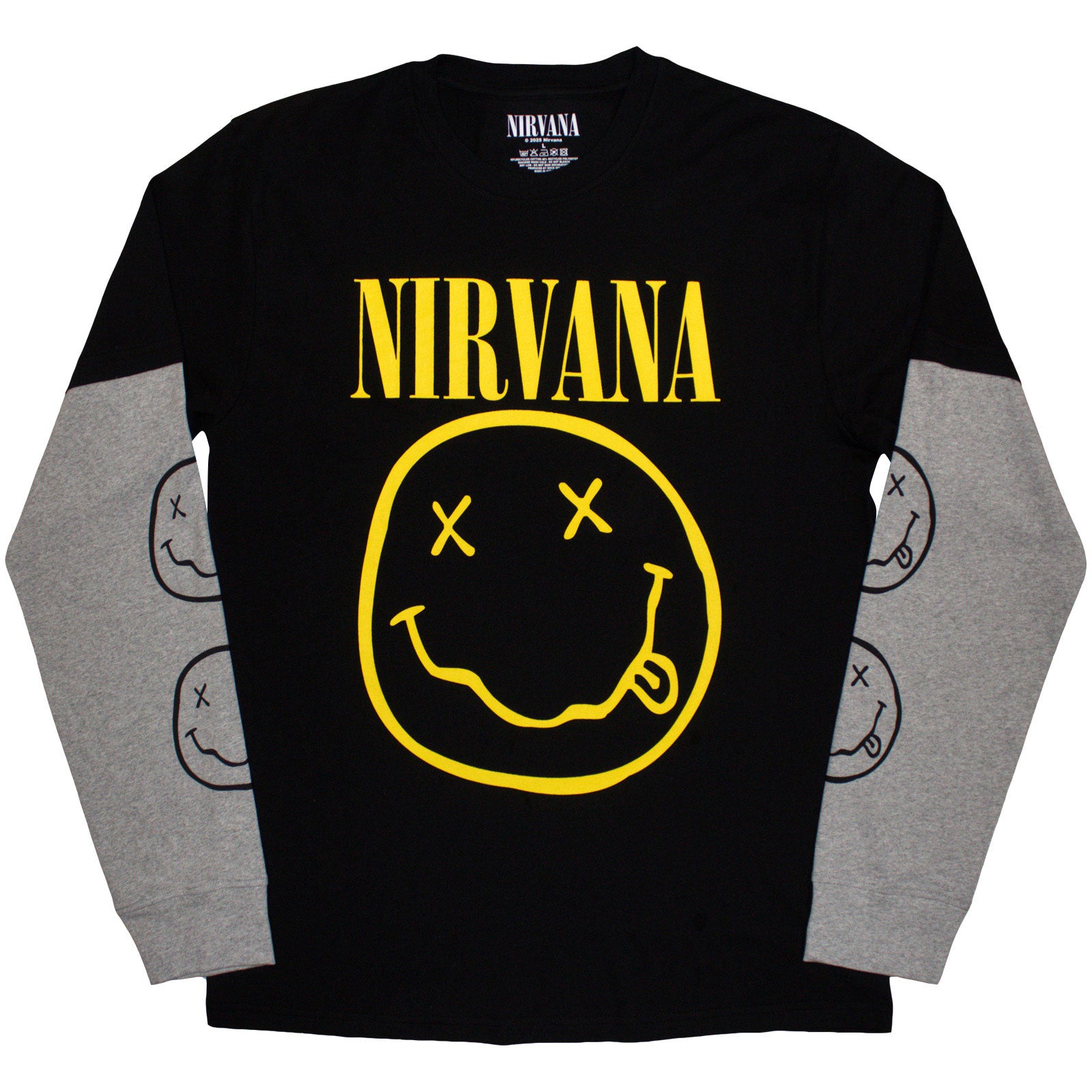 Nirvana: Yellow Happy Face (Black & Grey) (Sleeve Print) Long Sleeve – officielt merchandise