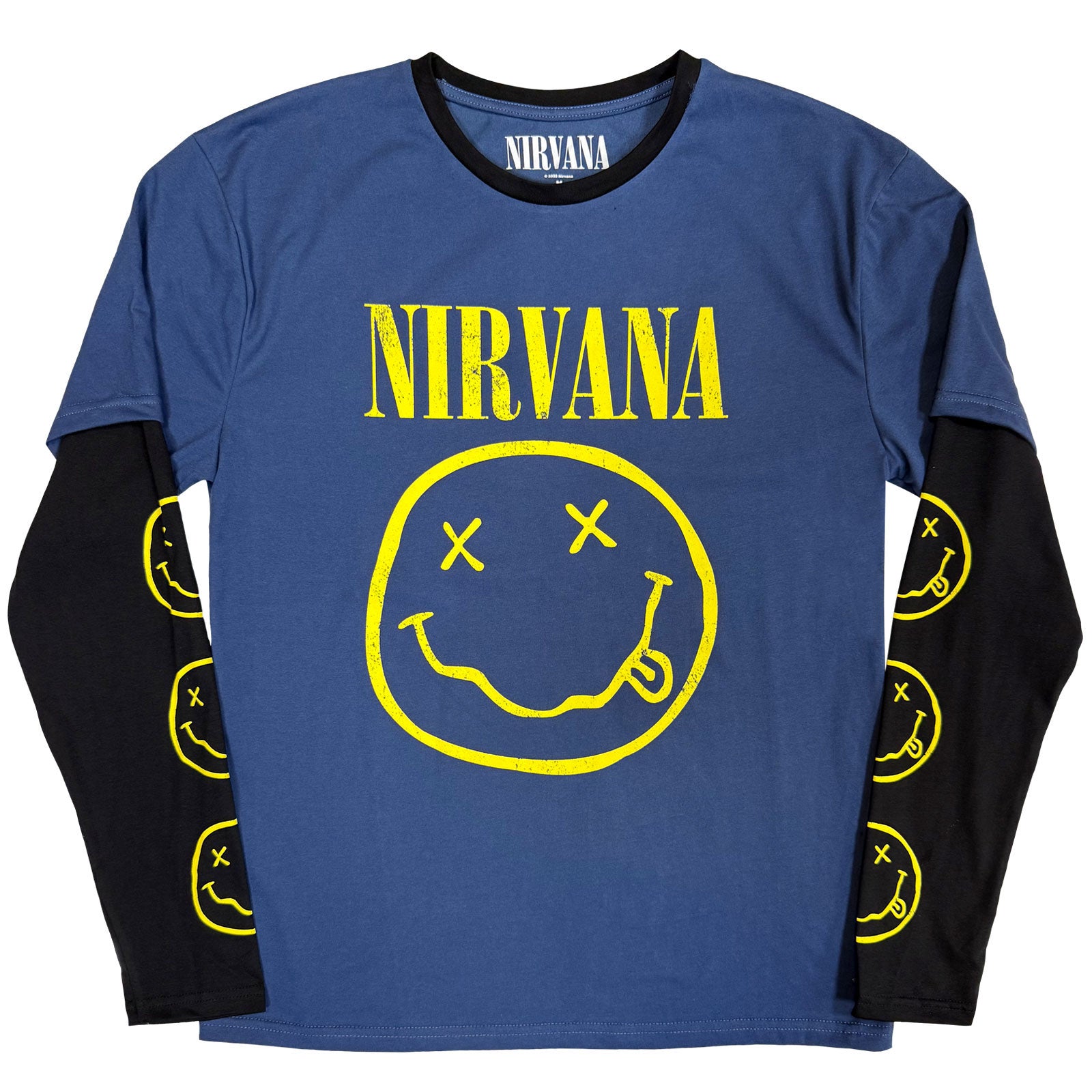 Nirvana: Yellow Happy Face (Denim Blue & Black) (Sleeve Print) Long Sleeve – officielt merchandise