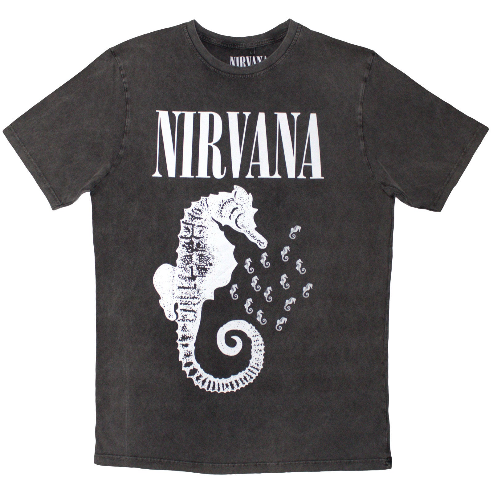 Nirvana: Seahorse & Logo Mono Stone Wash T-Shirt (Wash)