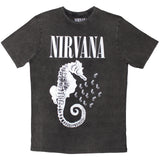 Nirvana: Seahorse & Logo Mono Stone Wash T-Shirt (Wash)