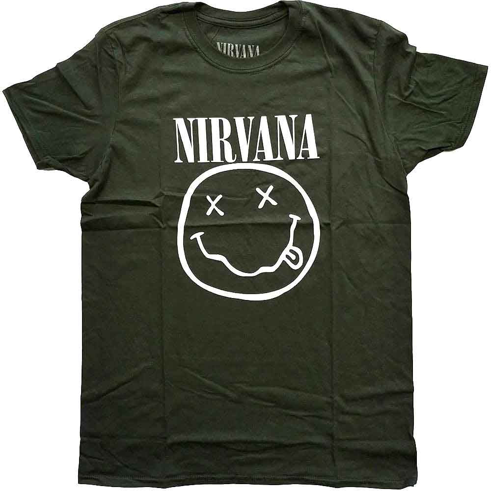 Nirvana: White Happy Face (Dark Green) (LOS) T-shirt – officielt merchandise