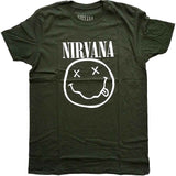 Nirvana: White Happy Face (Dark Green) (LOS) T-shirt – officielt merchandise