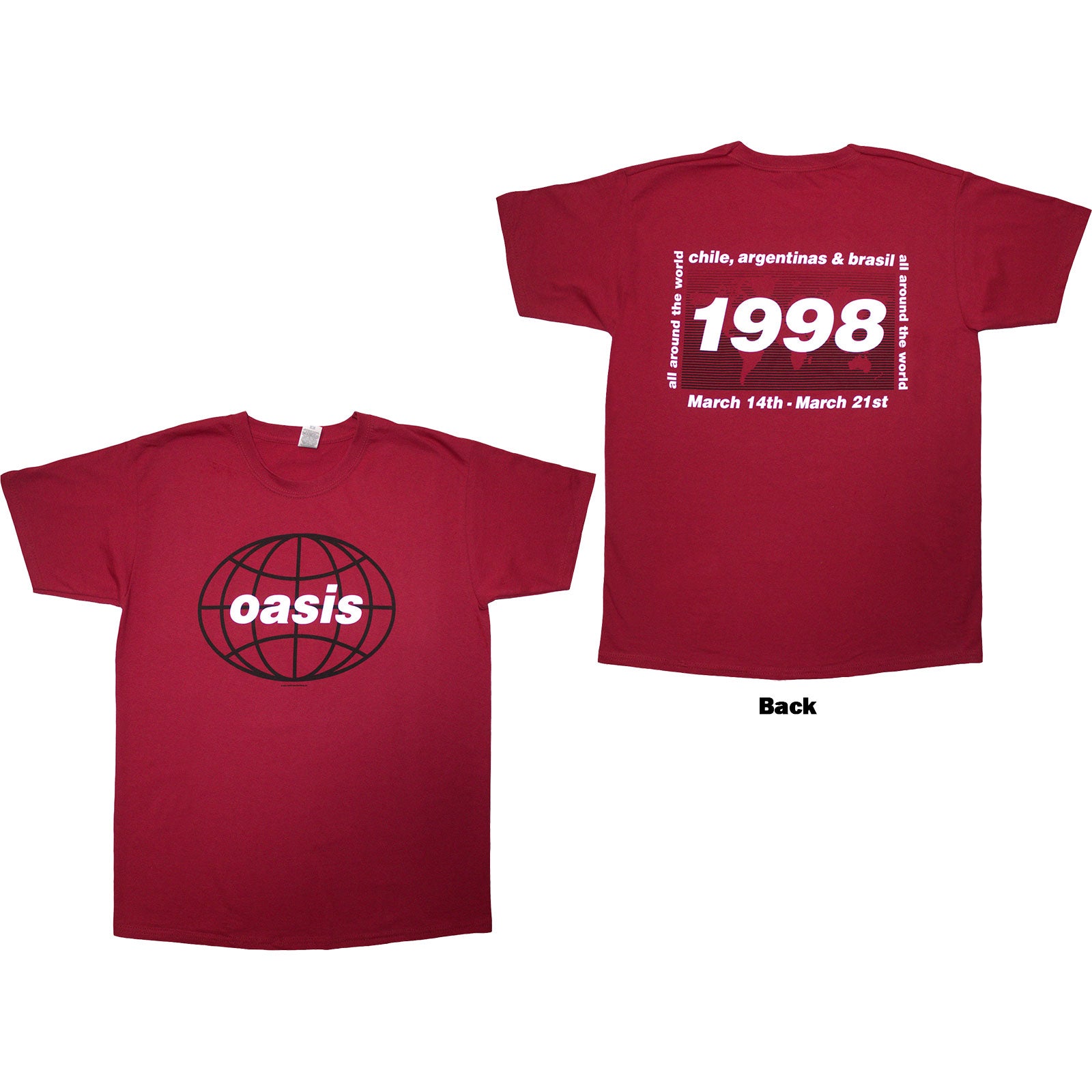 Oasis: 1998 World Tour - South America T-Shirt (Back Print)