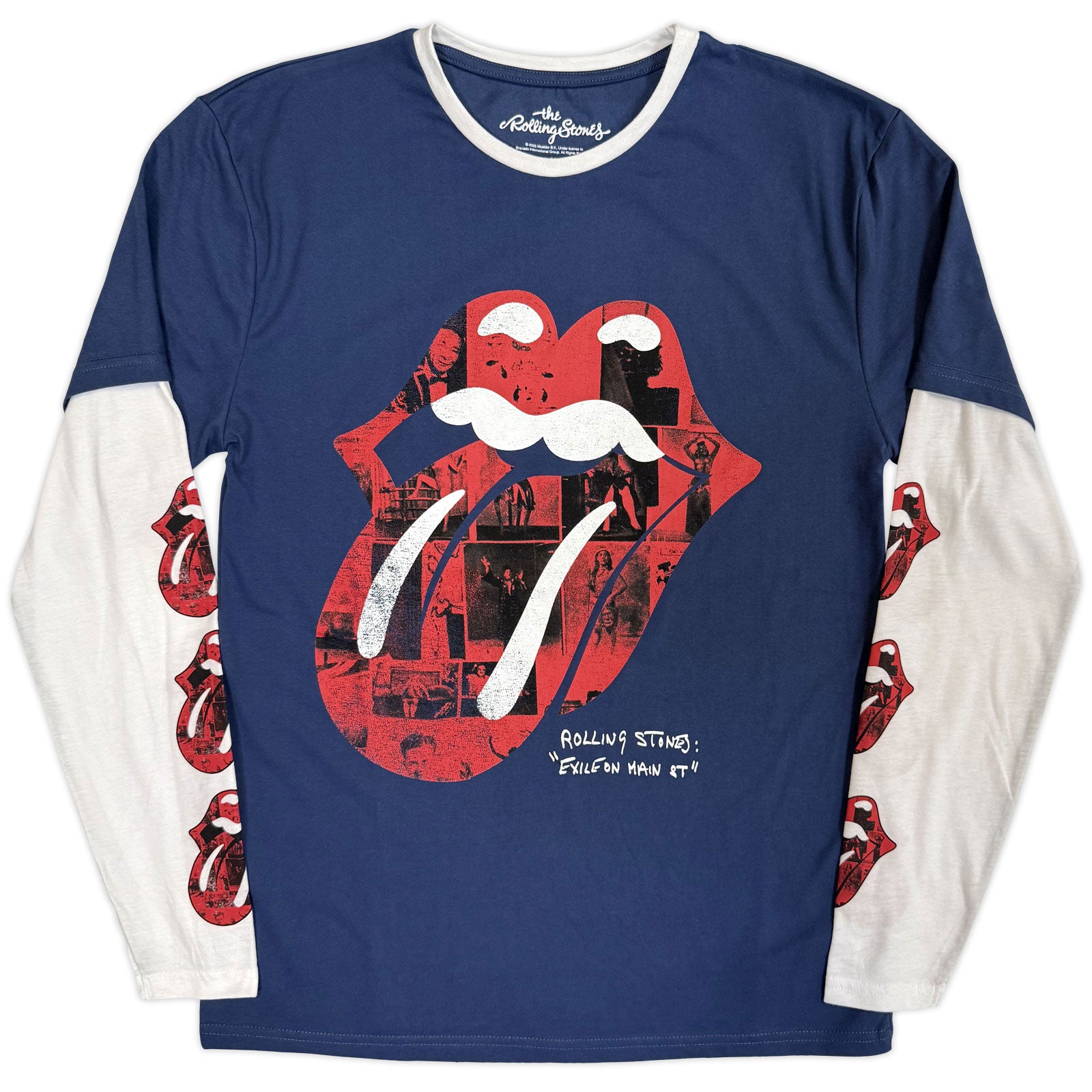 The Rolling Stones: Collage Tongue (Denim Blue & White) (Sleeve Print) Long Sleeve – officielt merchandise