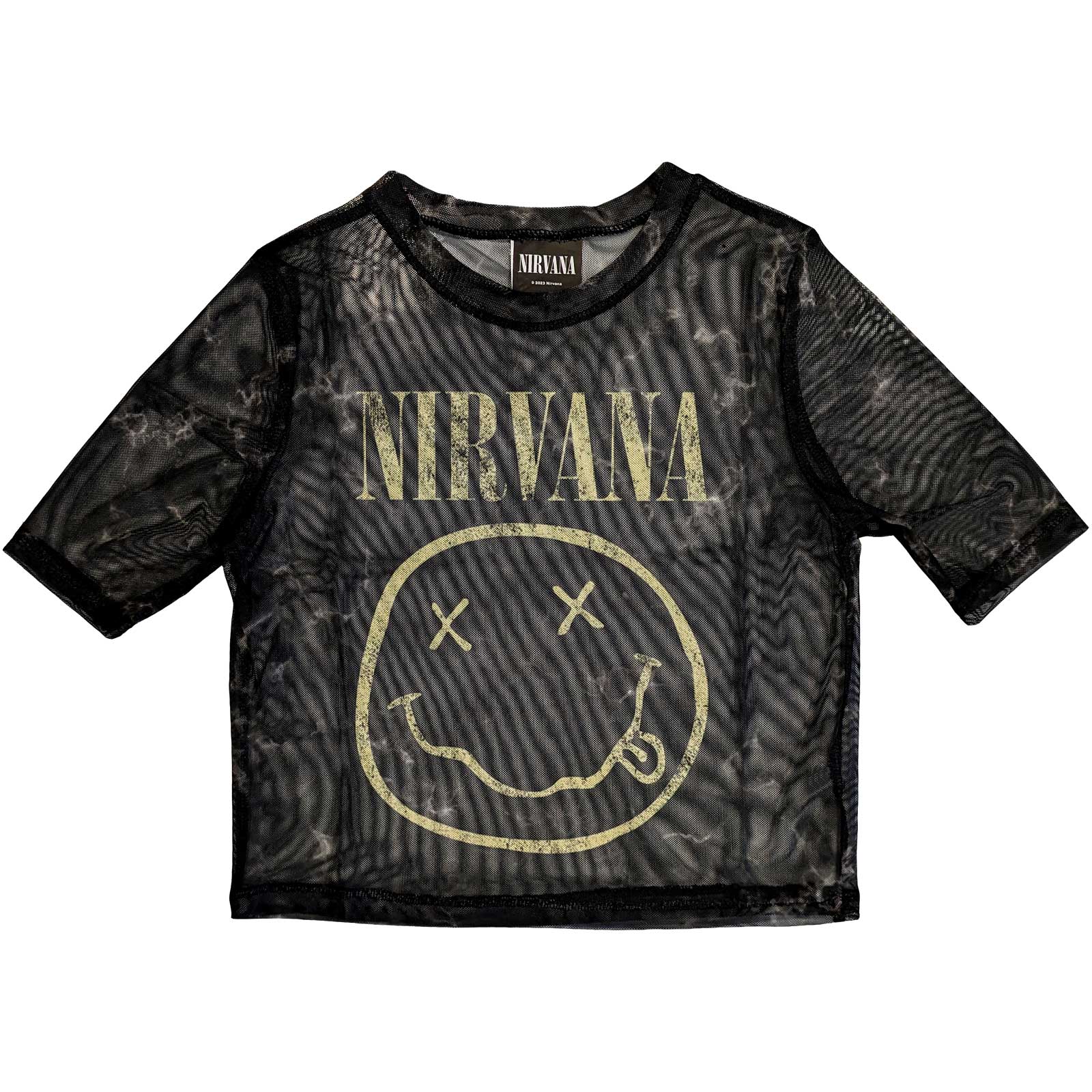 Nirvana: Yellow Smiley Crop Top (Kvinder) (Mesh)